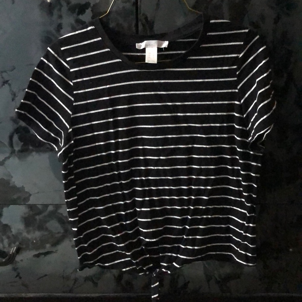 Black and white striped shirt with tie at the end
